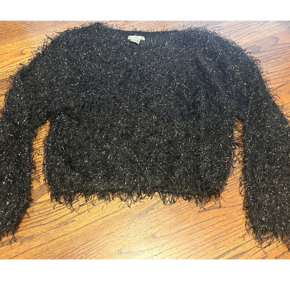 Yarnworks Womens Large Black Gold Metallic Eyelash Knit Fuzzy Tinsel Sweater L